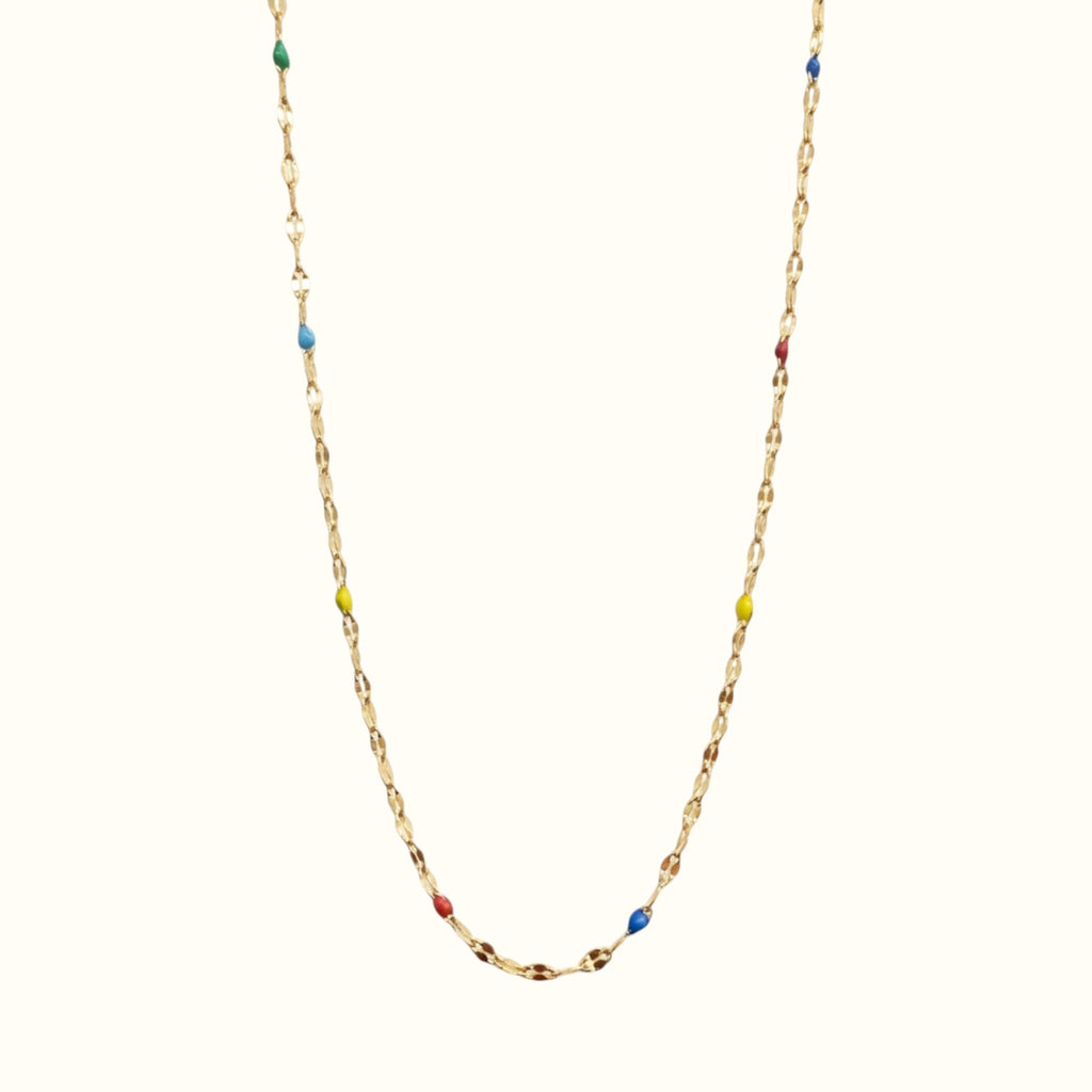 DUGO 18K gold filled chain necklace with delicate colorful enamel bead accents on a stainless steel base