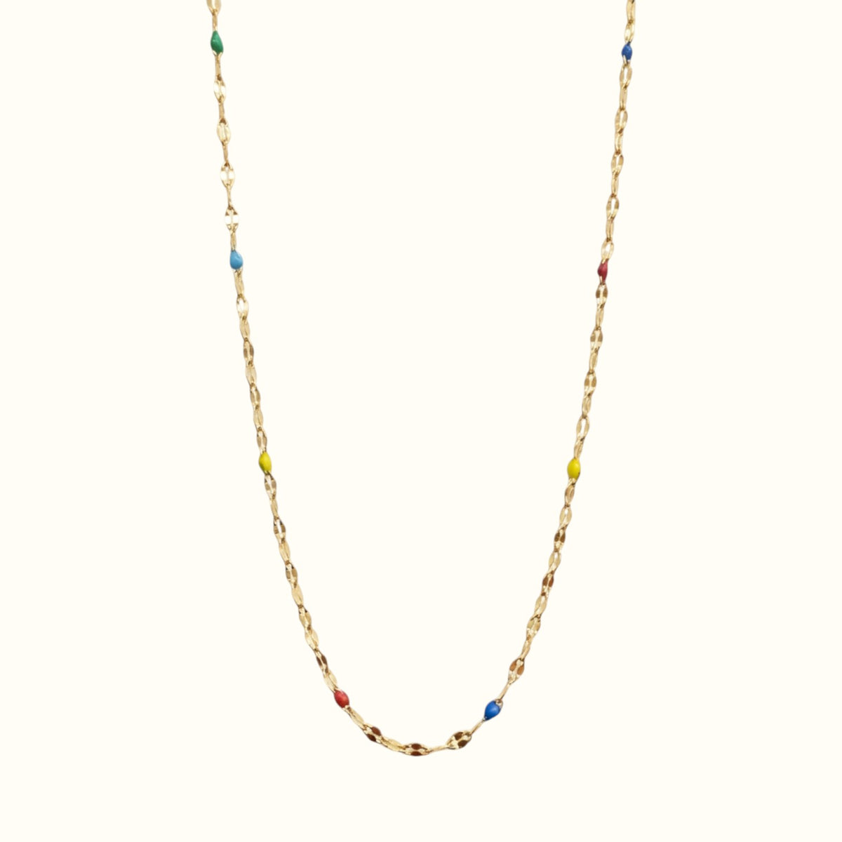 DUGO 18K gold filled chain necklace with delicate colorful enamel bead accents on a stainless steel base