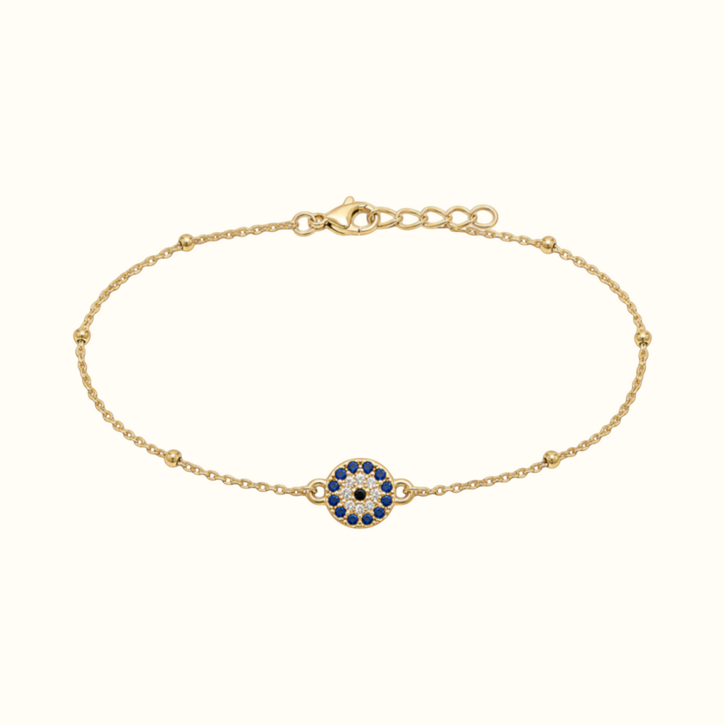 DUGO gold stainless steel evil eye bracelet with blue and white crystal detail and delicate beaded chain