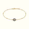 DUGO gold stainless steel evil eye bracelet with blue and white crystal detail and delicate beaded chain