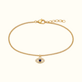 DUGO gold evil eye bracelet with a blue zirconia center stone and delicate chain for protection and good luck