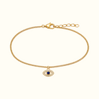 DUGO gold evil eye bracelet with a blue zirconia center stone and delicate chain for protection and good luck