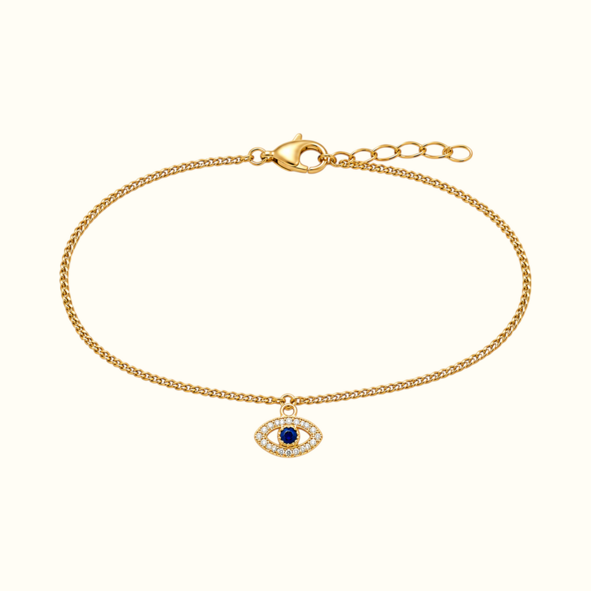 DUGO gold evil eye bracelet with a blue zirconia center stone and delicate chain for protection and good luck