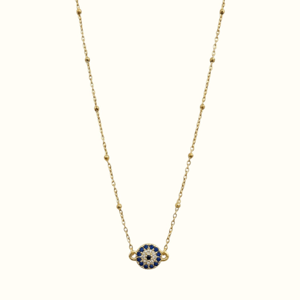 DUGO 18K gold filled evil eye necklace with blue and clear cubic zirconia stones on a delicate beaded chain