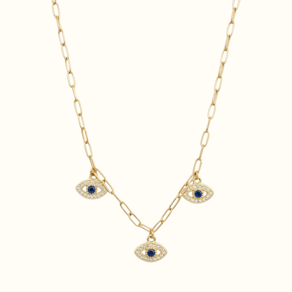 DUGO 18K gold filled paperclip chain necklace featuring three sparkling blue CZ evil eye charms for protection.