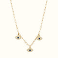 DUGO 18K gold filled paperclip chain necklace featuring three sparkling blue CZ evil eye charms for protection.