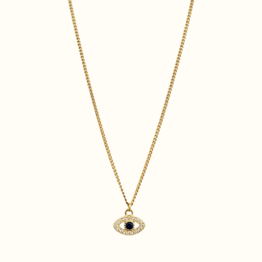 DUGO 18K gold filled evil eye necklace with a blue zircon center and clear crystal accents on a delicate chain