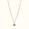 DUGO 18K gold filled evil eye necklace with a blue zircon center and clear crystal accents on a delicate chain