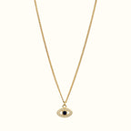 DUGO 18K gold filled evil eye necklace with a blue zircon center and clear crystal accents on a delicate chain