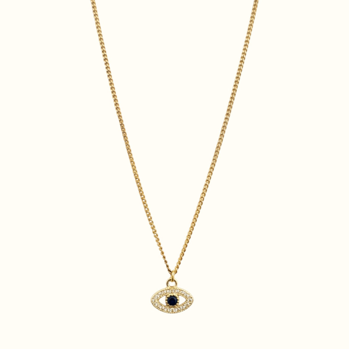 DUGO 18K gold filled evil eye necklace with a blue zircon center and clear crystal accents on a delicate chain