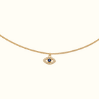 DUGO gold evil eye bracelet with a blue zirconia center and sparkling crystal halo on a delicate chain
