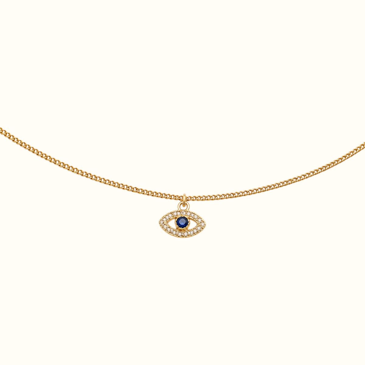 DUGO gold evil eye bracelet with a blue zirconia center and sparkling crystal halo on a delicate chain