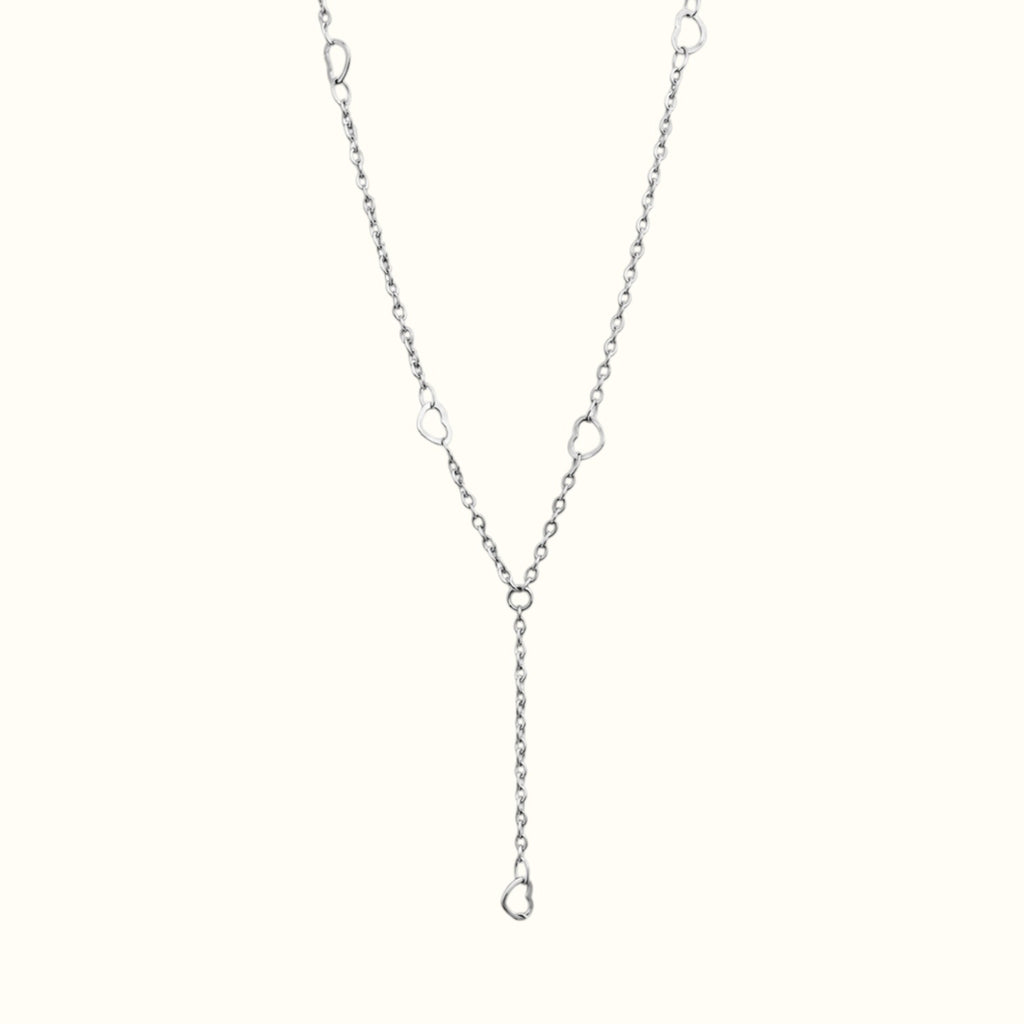 DUGO 18K gold filled lariat necklace featuring delicate heart accents on a minimalist chain