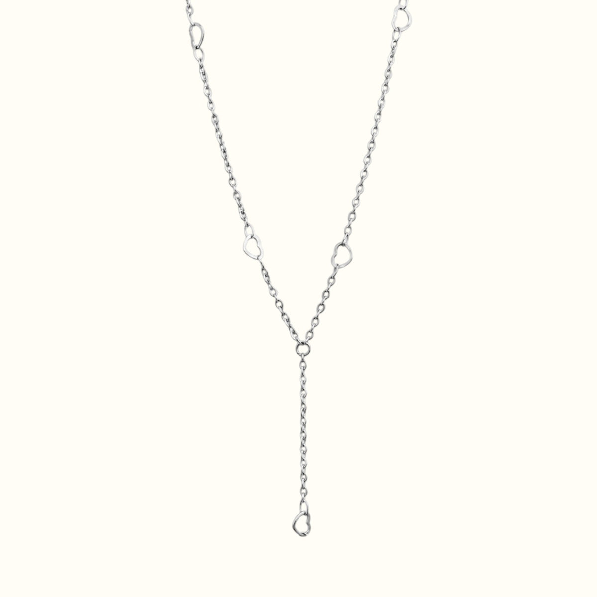DUGO 18K gold filled lariat necklace featuring delicate heart accents on a minimalist chain
