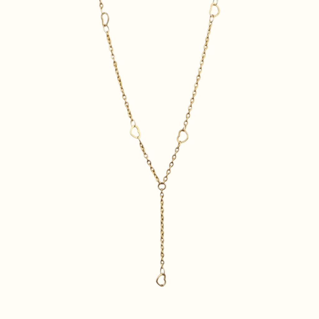 DUGO 18K gold filled lariat necklace featuring delicate heart accents on a minimalist chain for everyday wear.