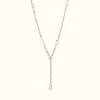 DUGO 18K gold filled lariat necklace featuring delicate heart accents on a minimalist chain for everyday wear.