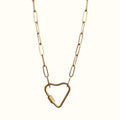 DUGO gold stainless steel paperclip chain necklace featuring a functional heart-shaped carabiner clasp