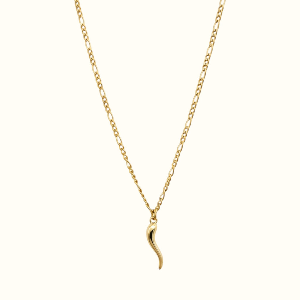 DUGO 18K gold filled Italian horn necklace on a delicate figaro chain, a symbol of luck and protection.