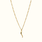 DUGO 18K gold filled Italian horn necklace on a delicate figaro chain, a symbol of luck and protection.