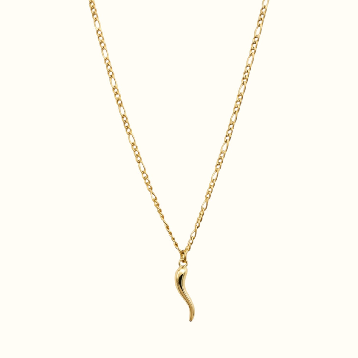 DUGO 18K gold filled Italian horn necklace on a delicate figaro chain, a symbol of luck and protection.