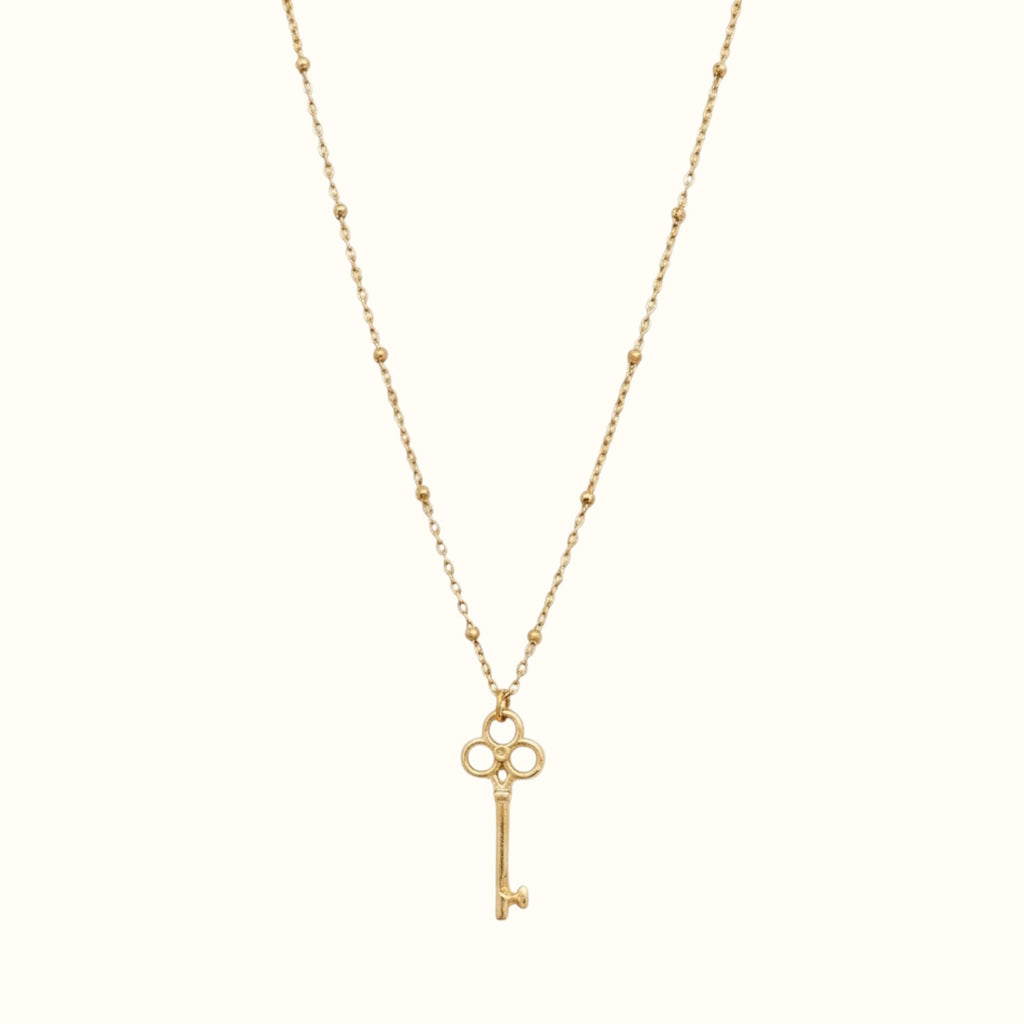 DUGO 18K gold filled vintage key pendant necklace on a delicate beaded ball chain, waterproof and non-tarnish design.