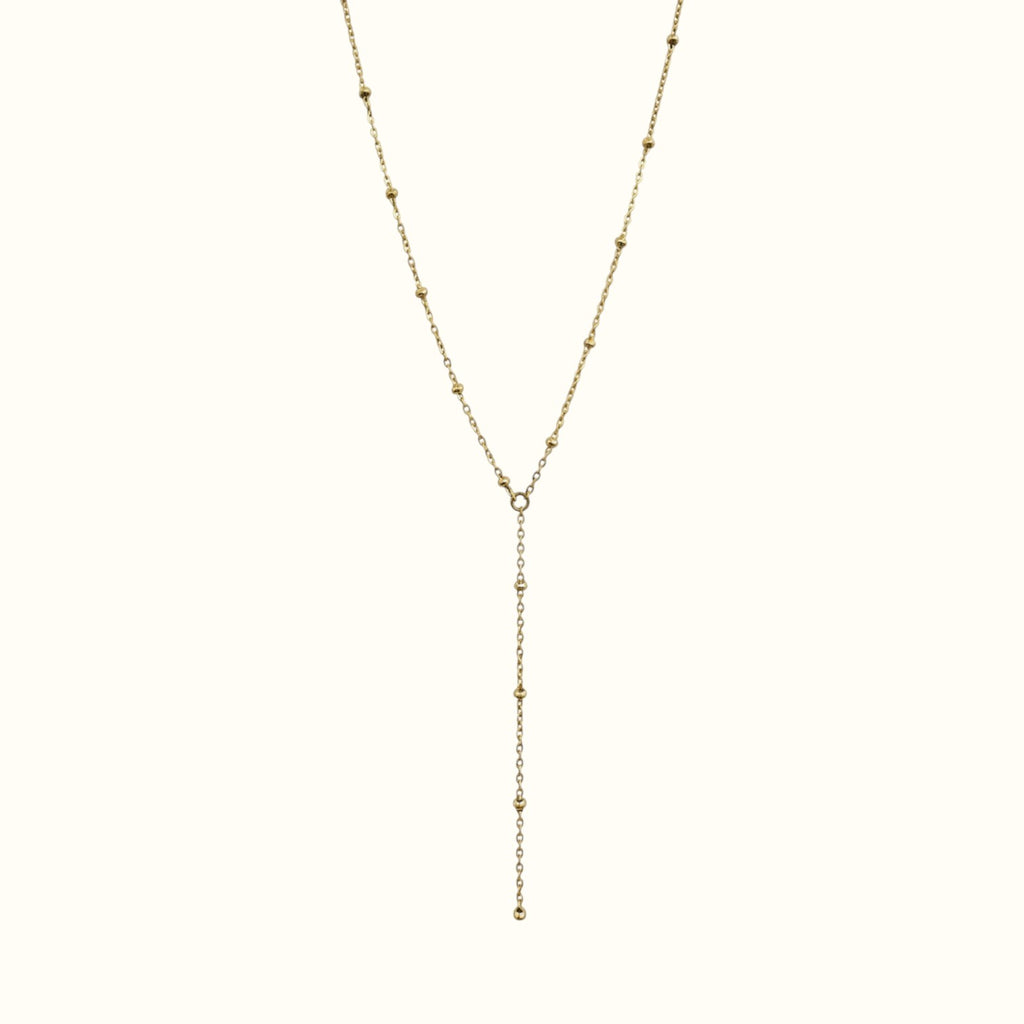 DUGO 18K gold-filled lariat Y necklace featuring a dainty beaded ball chain design for everyday wear.