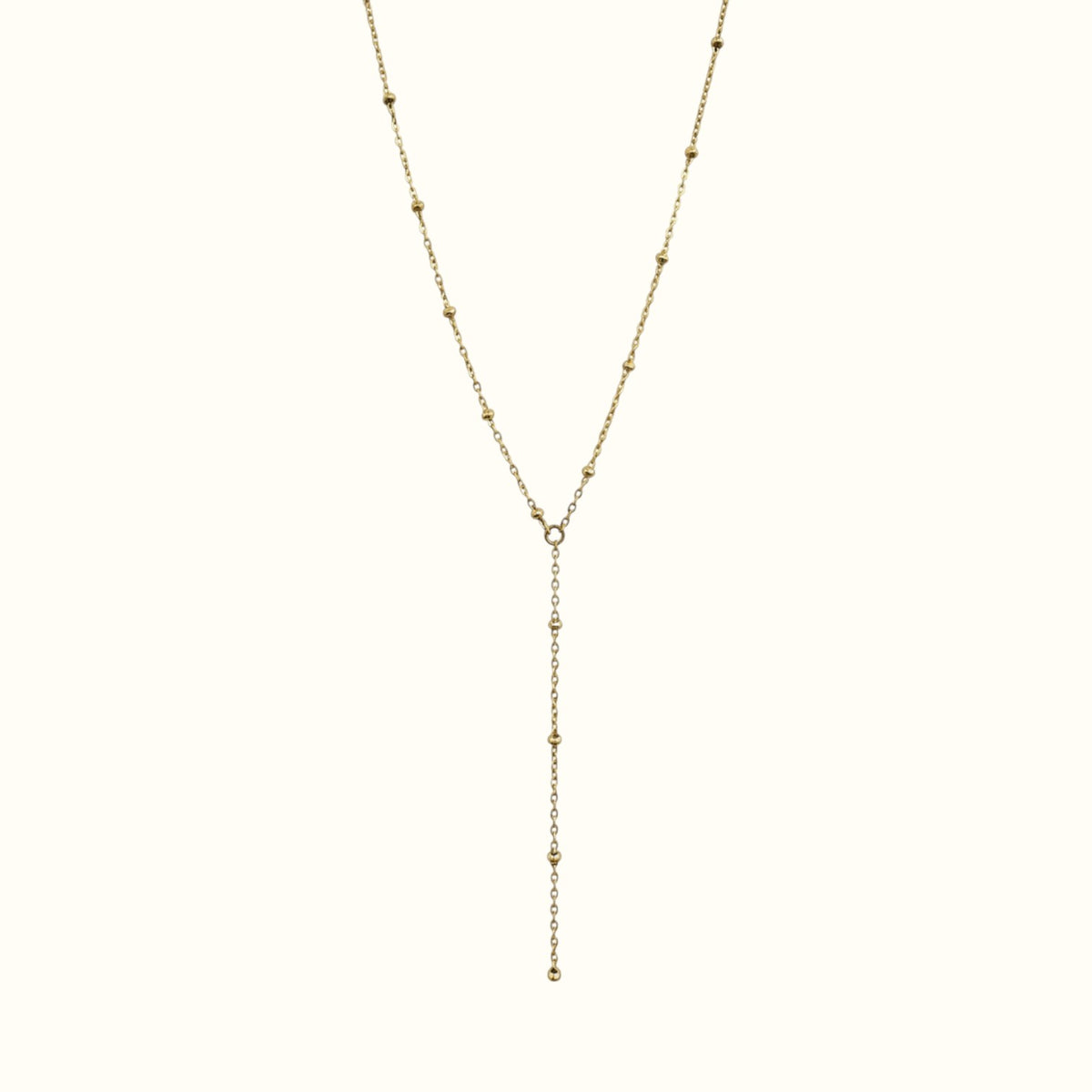 DUGO 18K gold-filled lariat Y necklace featuring a dainty beaded ball chain design for everyday wear.