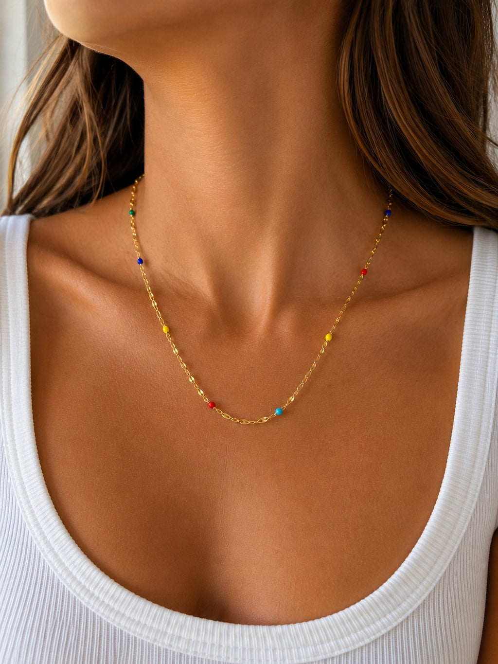 Woman wearing the DUGO gold Multicolor Enamel Chain Necklace