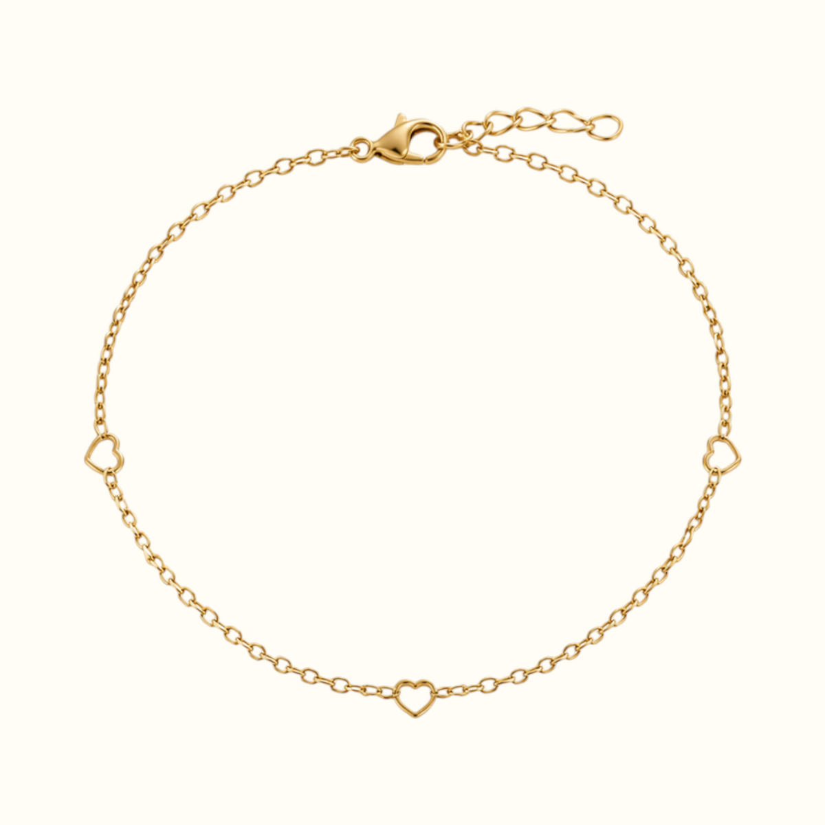 DUGO delicate gold chain bracelet featuring three minimalist open heart station links with a lobster clasp closure.