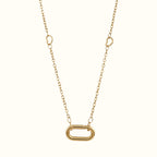DUGO gold oval carabiner necklace featuring a delicate chain with small heart-shaped links.