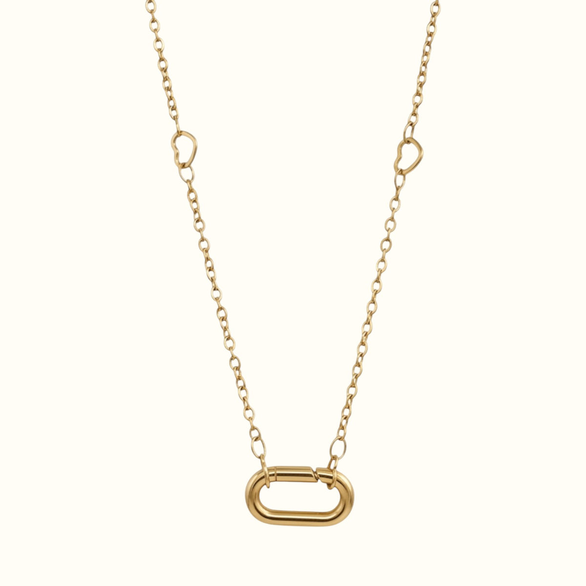 DUGO gold oval carabiner necklace featuring a delicate chain with small heart-shaped links.