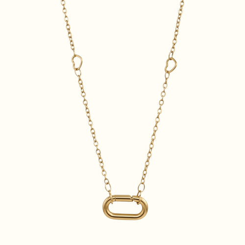 DUGO gold oval carabiner necklace featuring a delicate chain with small heart-shaped links.