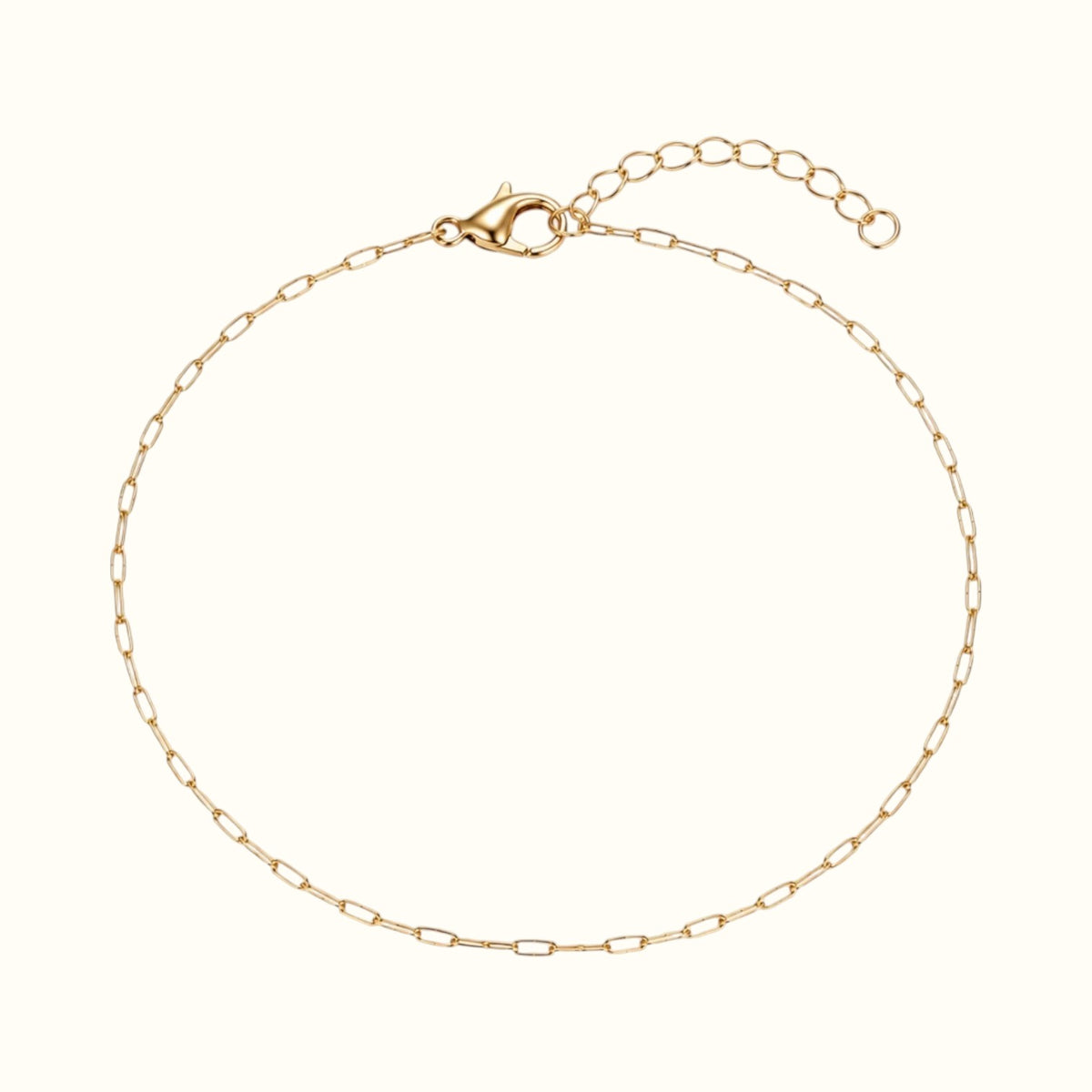 DUGO dainty 18K gold filled paperclip chain bracelet with an adjustable extender and secure lobster clasp.