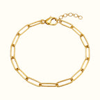DUGO 18K gold filled paperclip chain bracelet with lobster clasp and extender chain on a white background