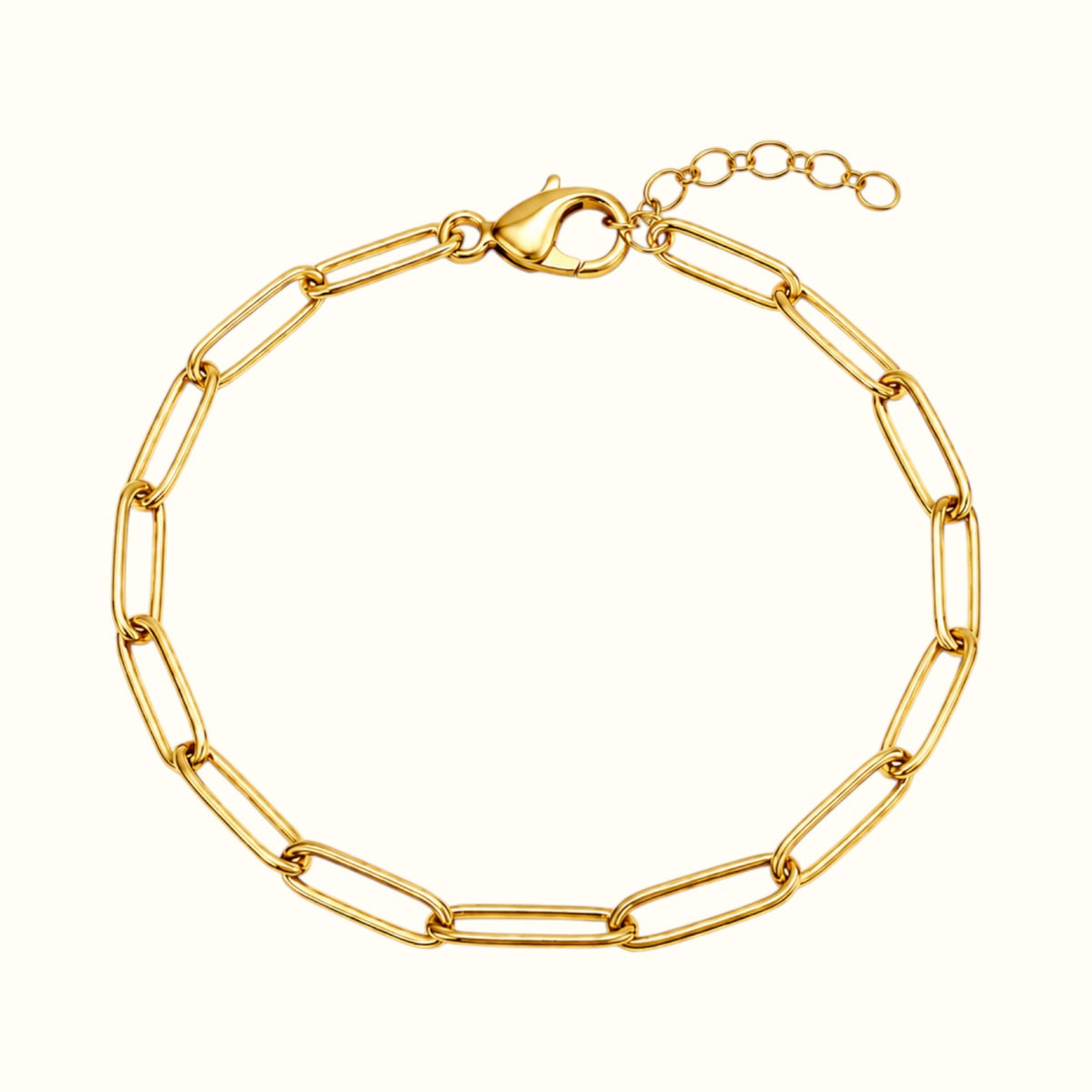 DUGO 18K gold filled paperclip chain bracelet with lobster clasp and extender chain on a white background