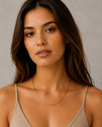 Close-up of the DUGO gold Paperclip Chain Necklace worn on the neck