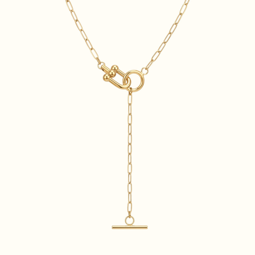 DUGO 18K gold filled lariat necklace featuring a thin paperclip chain and a modern toggle clasp design.