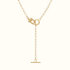 DUGO 18K gold filled lariat necklace featuring a thin paperclip chain and a modern toggle clasp design.