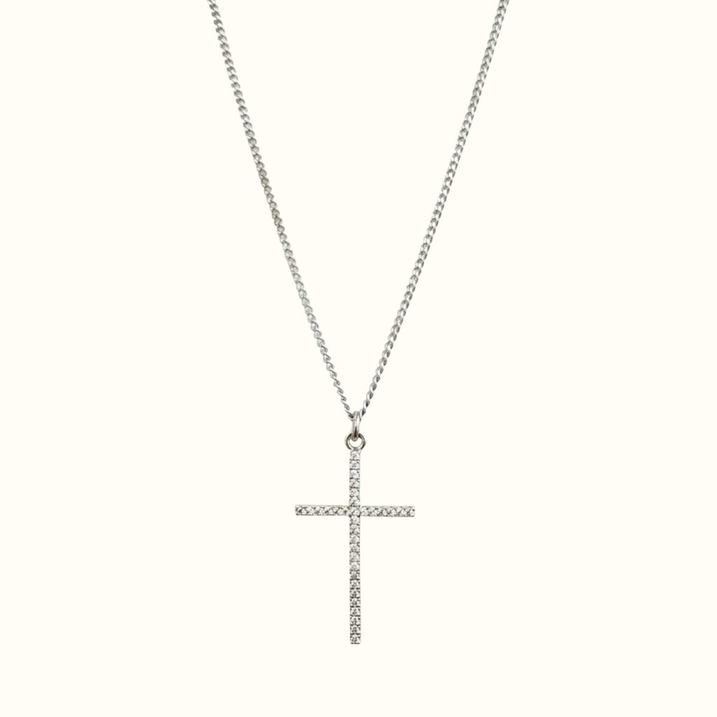 DUGO 18K gold filled cross necklace with sparkling CZ pave stones on a delicate chain, waterproof and hypoallergenic.