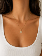 Woman wearing the DUGO gold Pave Starfish Pendant Necklace