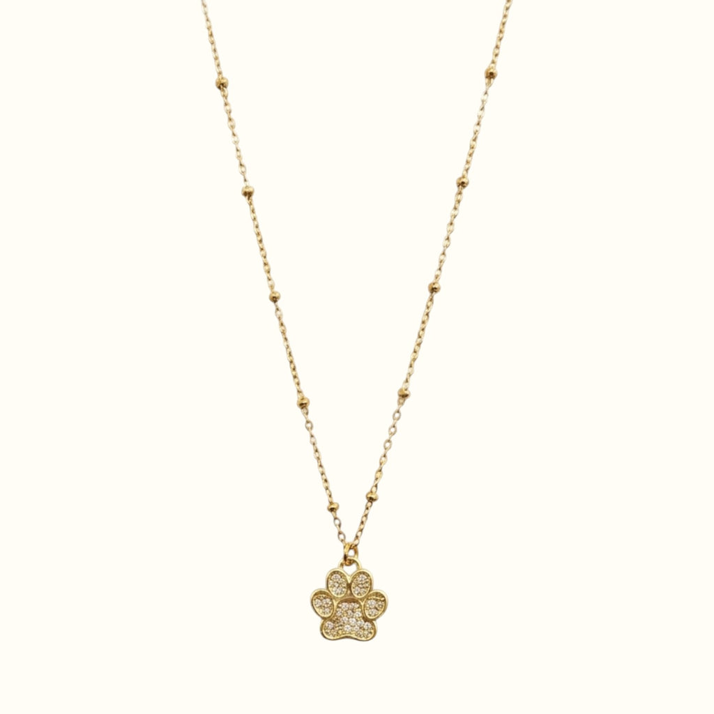 DUGO 18K gold filled paw print pendant necklace with a delicate beaded ball chain for pet lovers.