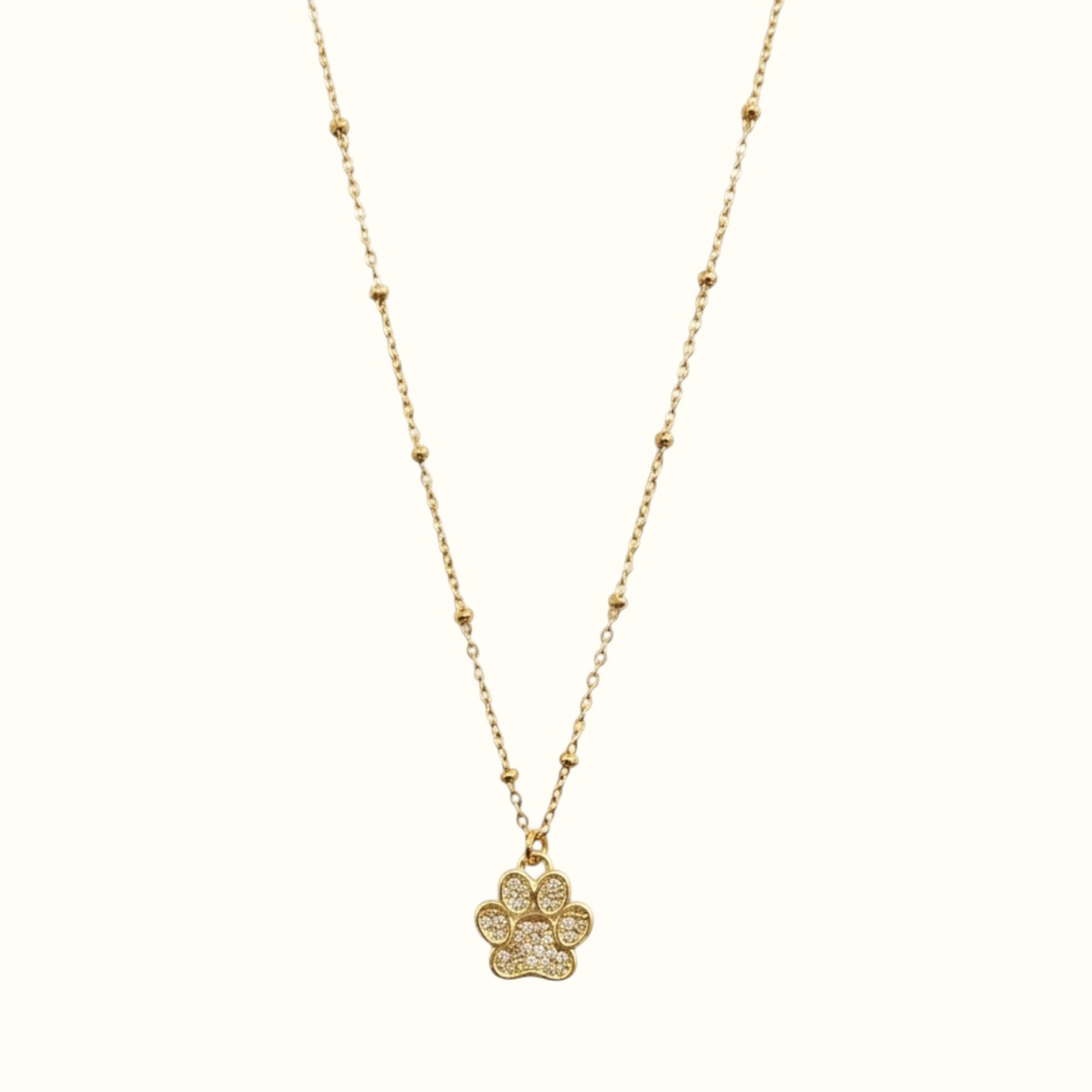 DUGO 18K gold filled paw print pendant necklace with a delicate beaded ball chain for pet lovers.