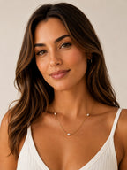 Close-up of the DUGO gold Pearl Station Necklace worn on the neck