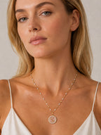 Close-up of the DUGO gold Pink Floral Pearl Pendant Necklace worn on the neck