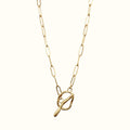 DUGO 18K gold filled paperclip chain necklace featuring a unique pretzel-shaped toggle clasp for everyday wear.