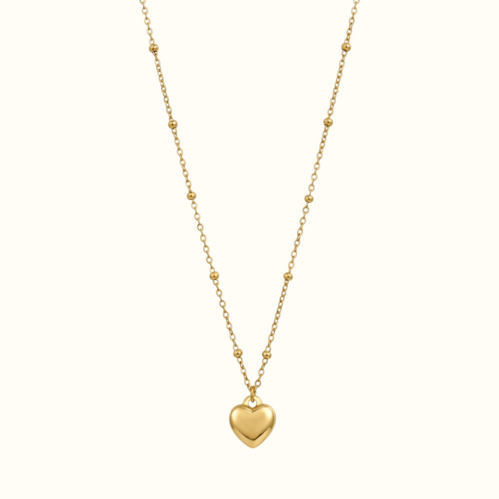 DUGO 18K gold filled puffy heart pendant necklace on a delicate beaded ball chain, waterproof and tarnish-resistant.
