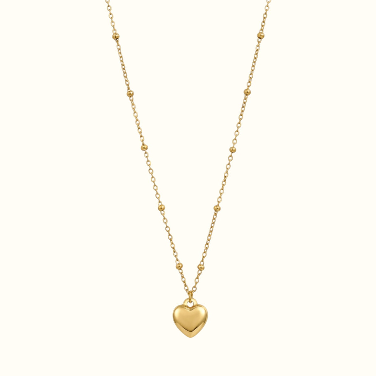 DUGO 18K gold filled puffy heart pendant necklace on a delicate beaded ball chain, waterproof and tarnish-resistant.