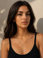 Close-up of the DUGO gold Star David Classic Trio Necklace worn on the neck