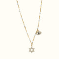 DUGO 18K gold filled necklace featuring a CZ paved Star of David pendant and a blue evil eye charm on a white link chain