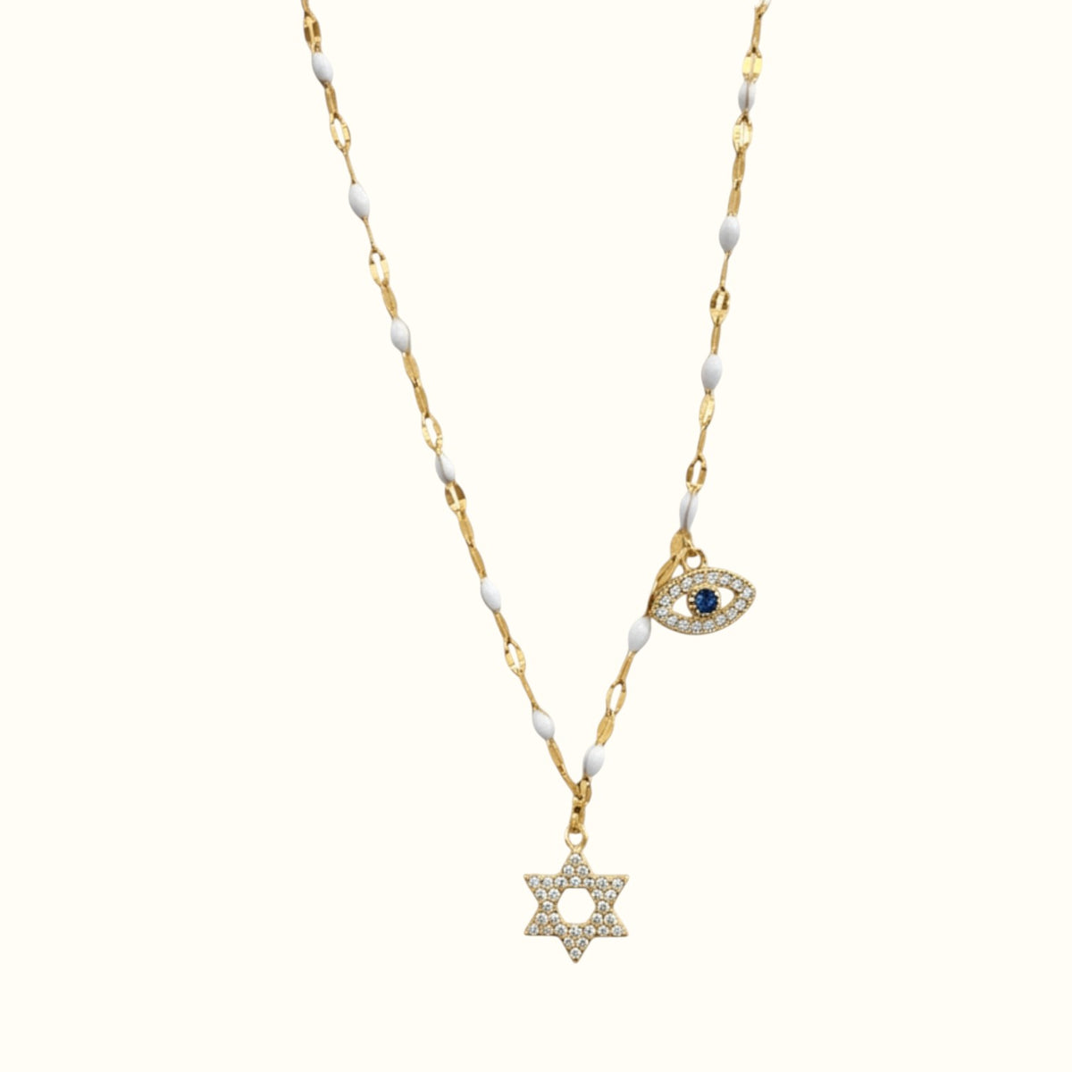 DUGO 18K gold filled necklace featuring a CZ paved Star of David pendant and a blue evil eye charm on a white link chain